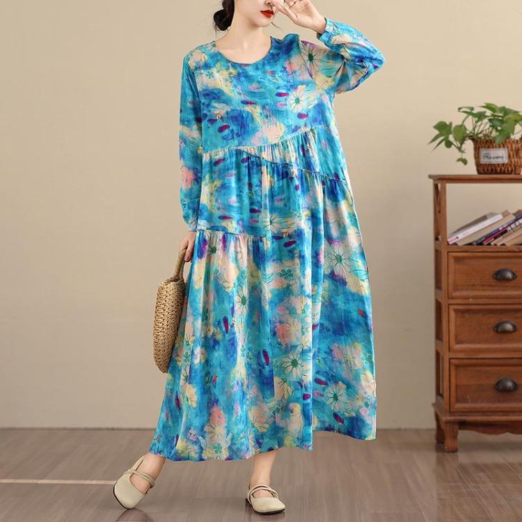 New Spring Oversize Long Sleeve Maxi Dress  Plus Size Women Loose Basic Vintage Floral