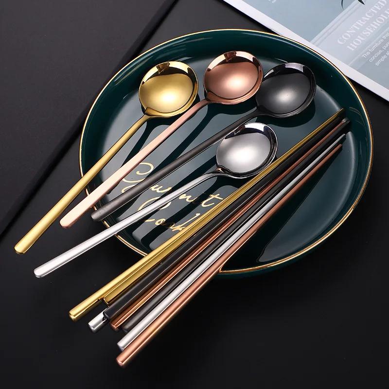 Bacchette coreane con manico lungo, cucchiaio a testa tonda, set di posate in acciaio inossidabile 304, colore solido, stoviglie per la casa, utensili da cucina