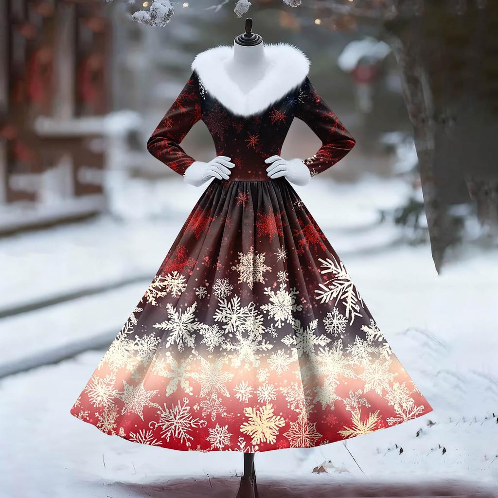 Women's Casual Dress Long-Sleeve V-Neck Patchwork Fleece Christmas Print Dress