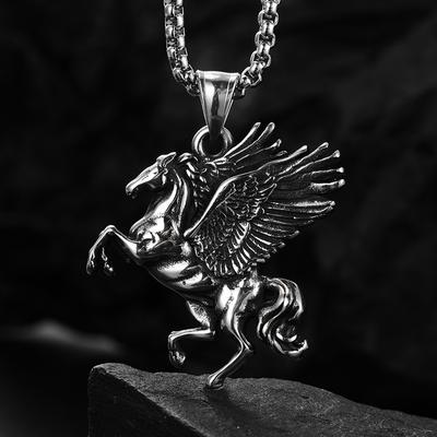 Pendant Necklace Greek Mythology Winged Horse Retro Hip Hop Style Stainless Steel Box Chain Neck Jewelry For Men Women Gifts