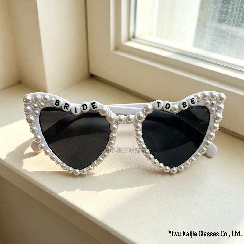 Pink Heart Pearl Sunglasses with English Letter Design for Girls' Birthday Parties