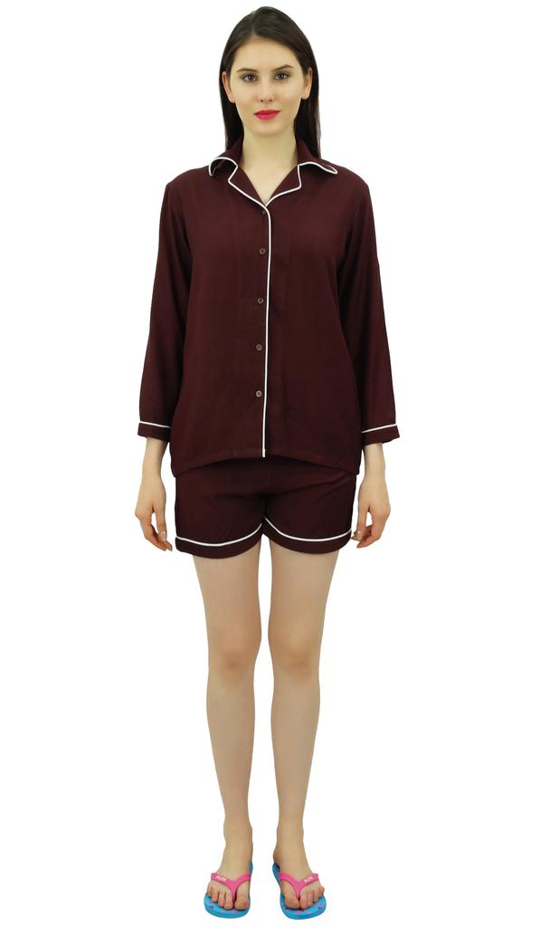Bimba Button-Down Shirt With Elastic Waist Shorts 2 Pcs Full Sleeve Night Wear