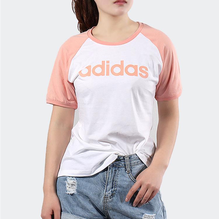 Adidas Neo Logo Print Short Sleeve T-Shirt Women Tops White Pink DW7949