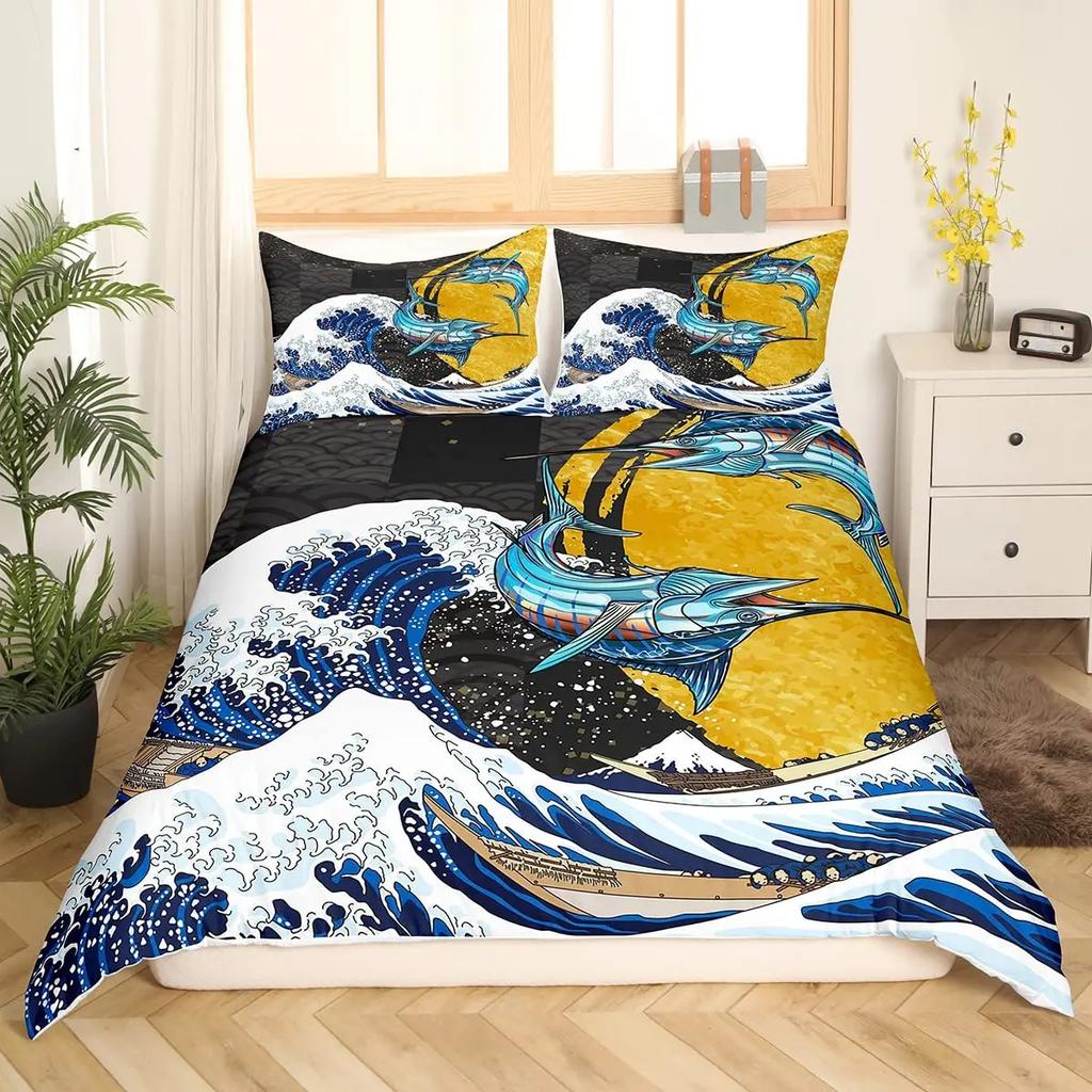Japanese Ukiyo-E King Queen Duvet Cover Golden Fish Hokusai Bedding Set Crane Wave Quilt Cover Red Sun Polyester Comforter Cover