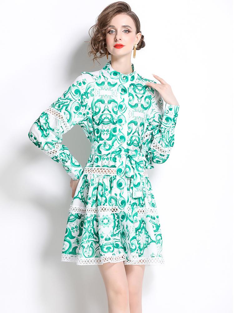 Jarní Podzimní Dámské Jednořadé Tištěné Vystřihované Krajkové Patchworkové Společenské Šaty