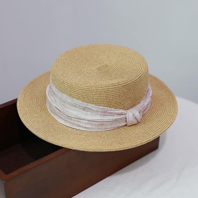 Ink wind webbing, flat-top straw hat for women, summer sunshade travel, versatile top hat, sunscreen hat, seaside woman