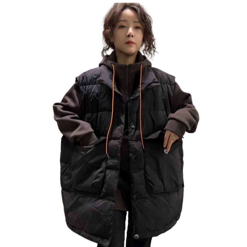 Dámská vesta z prachového peří a bavlny ve stylu korejského stand-up límce, kolekce podzim/zima 2024: Volný, Hřejivý, Ležérní styl