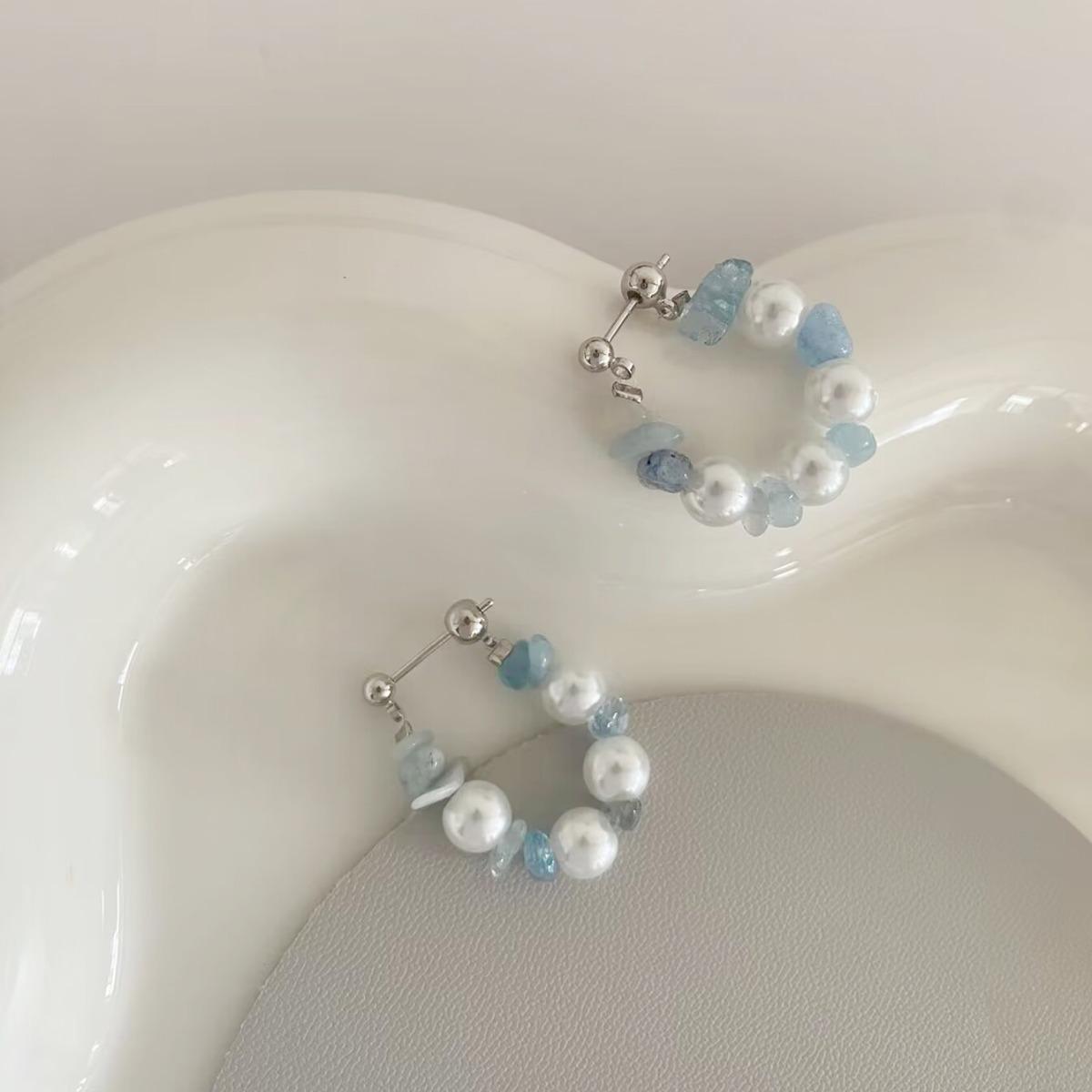 French Sea Breeze Pearl Earrings - Elegant Beaded Tassel with Whisper Blue Gravel, Multi-Wear Niche Design