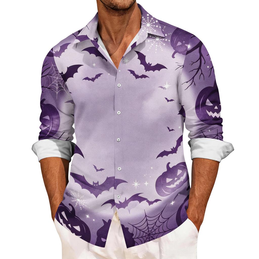 Men's Loose Fit Long Sleeve Shirt with Spread Collar Halloween Themed Casual Vintage Style Breathable Fabric Suitable for Outdoor Workwear