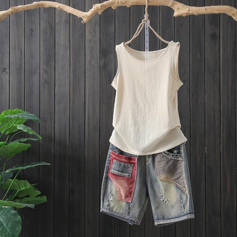 

Summer Cotton and Linen Camisole Women s Linen Bottoming Shirt Sleeveless T-shirt Outer Wear Large Size S бежевий