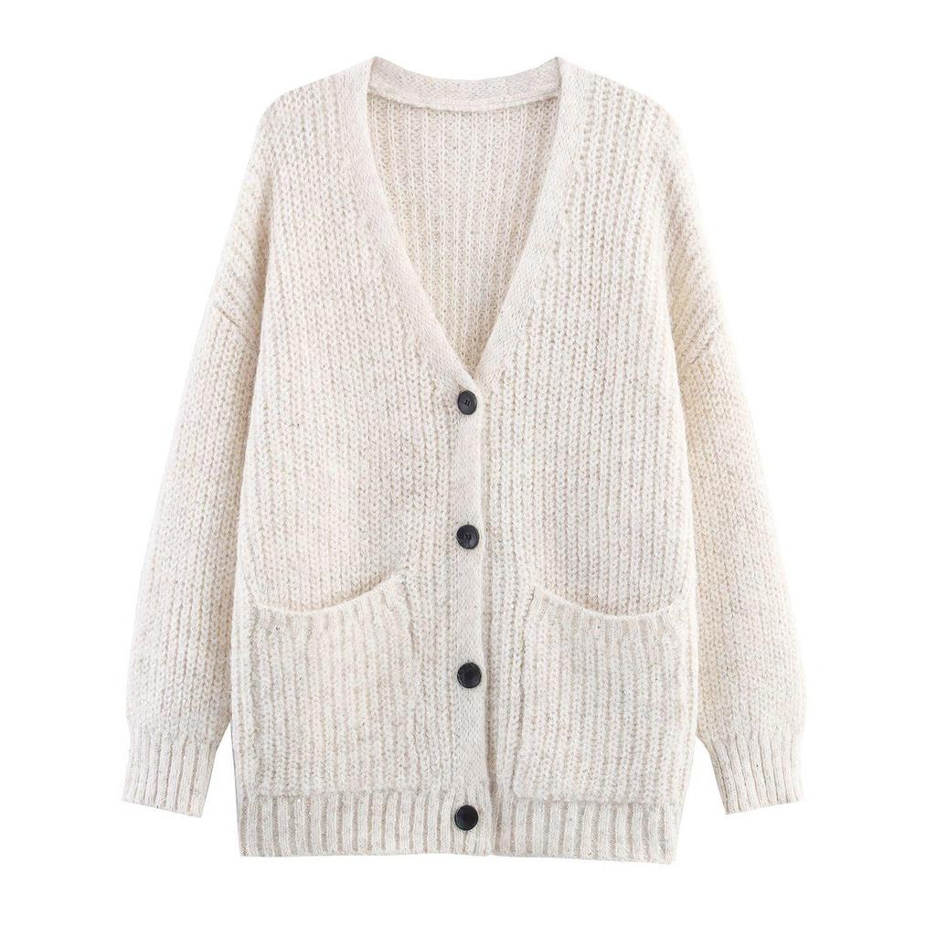 2025 Autumn Women's European & American Style Loose Knit V-neck Long Sleeve Cardigan Sweater