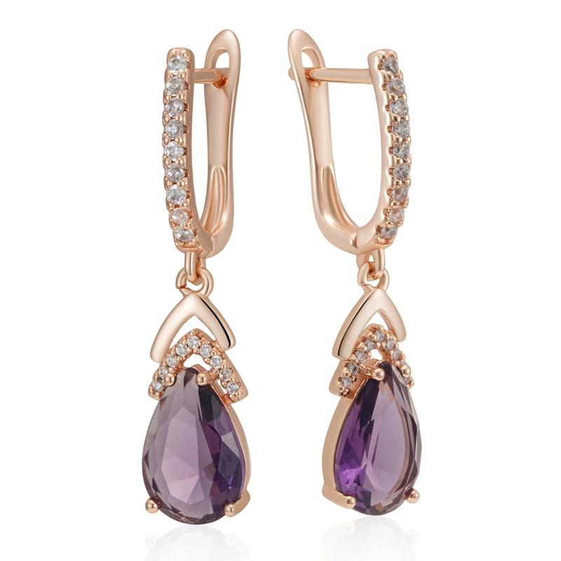 

Серые фиолетовые розовые серьги-подвески из циркона, золотые женские серьги-бижутерия из цельного циркона фиолетовый