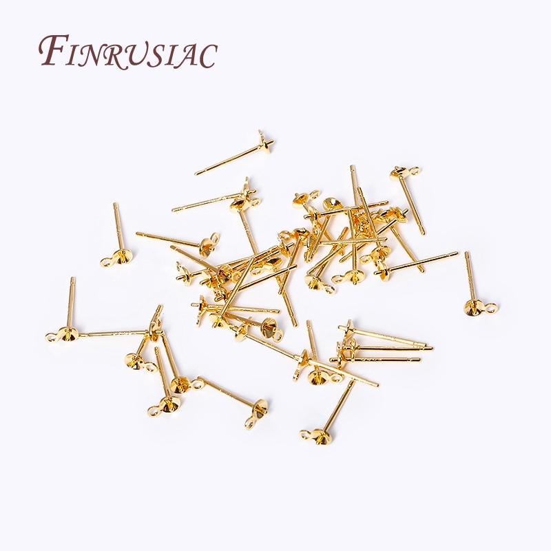 3/4MM 18K Gold Plated Pearl Post Earring Mounting Findings with Closed Ring For DIY Pearl Earring Jewelry Making Accessories