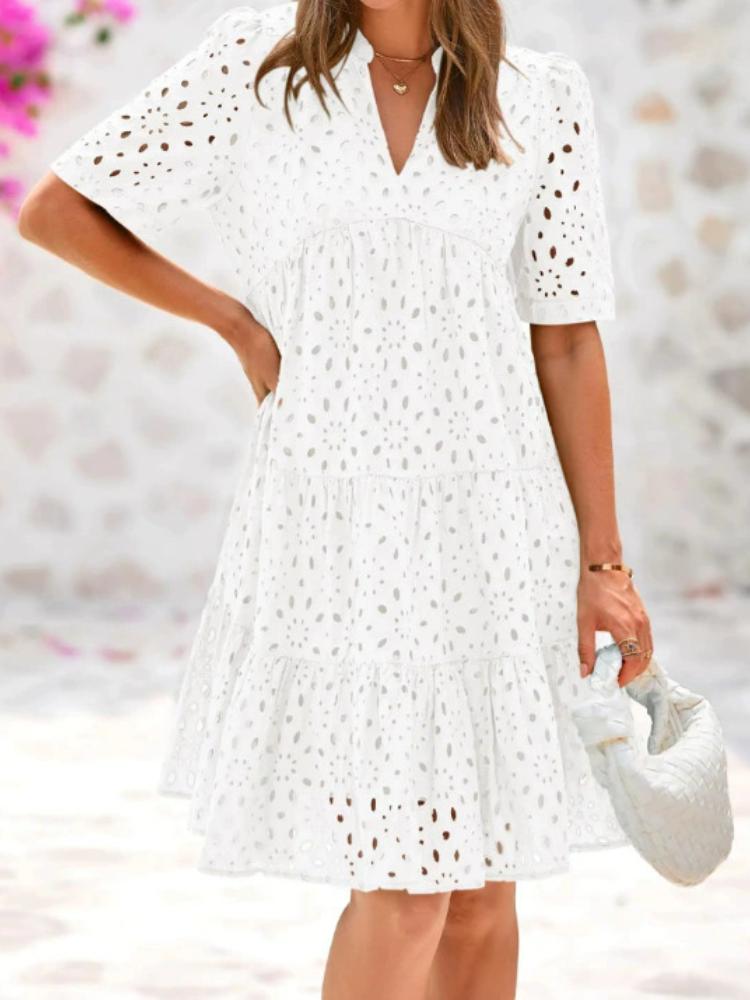 V-neck Short Sleeved Hollow Lace A-line Skirt Sweet Dress