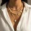European & American Style Multi-layer Pearl Coin Necklace with Baroque Pendant and Clavicle Chain
