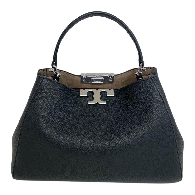 Tory Burch Eleanor Logo Silver Hardware Grained Leather Handbag Large Women's Black 174980-001
