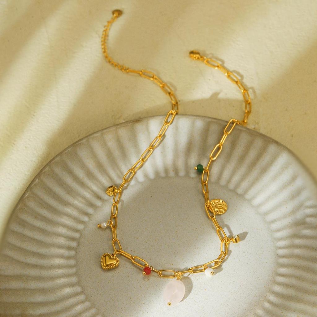 Luxury European-American Natural Stone & Pearl Stainless Steel Necklace with High-Grade Titanium Steel Pendant