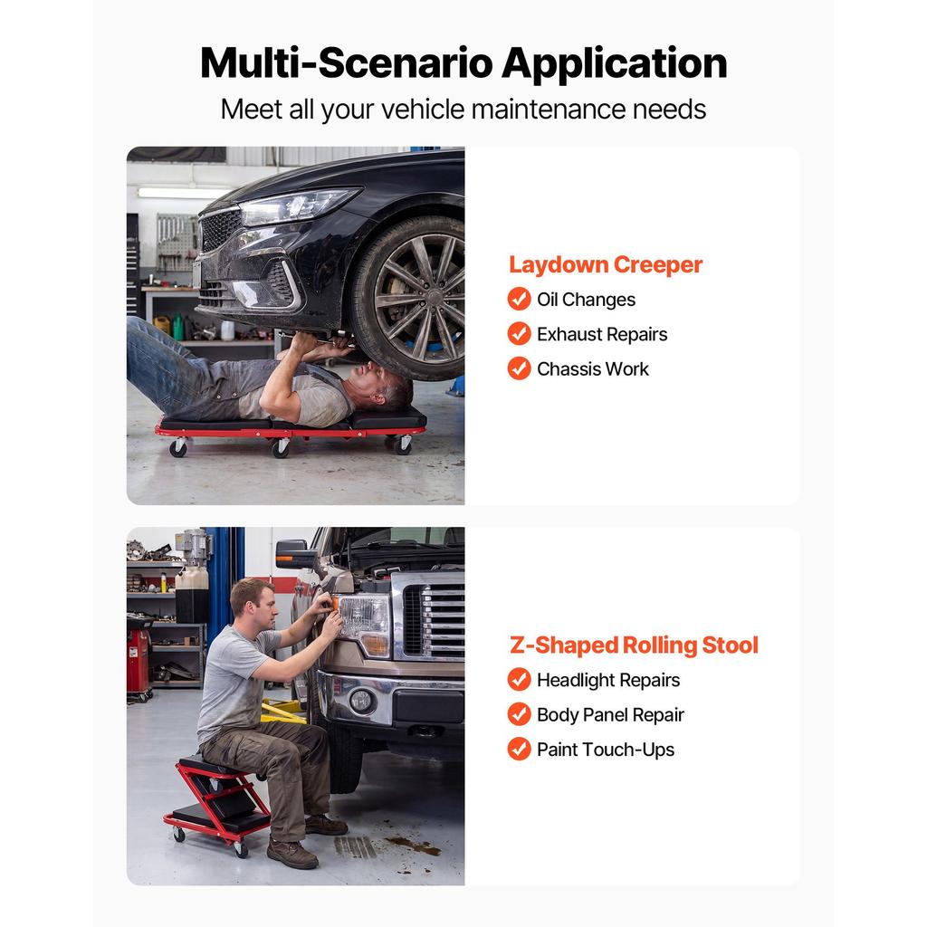 VEVOR 1010mm 2-in-1 Folding Mechanic Creeper, Z Creeper Seat & Under Car Garage Roller, 204 kg Rolling Creeper Stool with 6 Swivel Casters