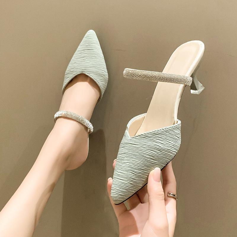 Rhinestone bag head sandals women's summer French V-mouth sandals pointed head thin heel large size half drag small size one-word strap high heels