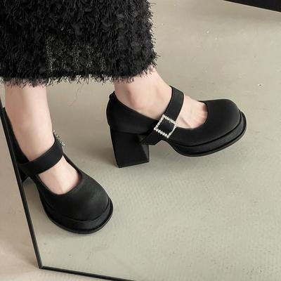 Simple Retro Thick Heel Mary Jane Shoes Women's Summer French Fashion Solid Color Single Shoes Casual One-word Buckle High Heels