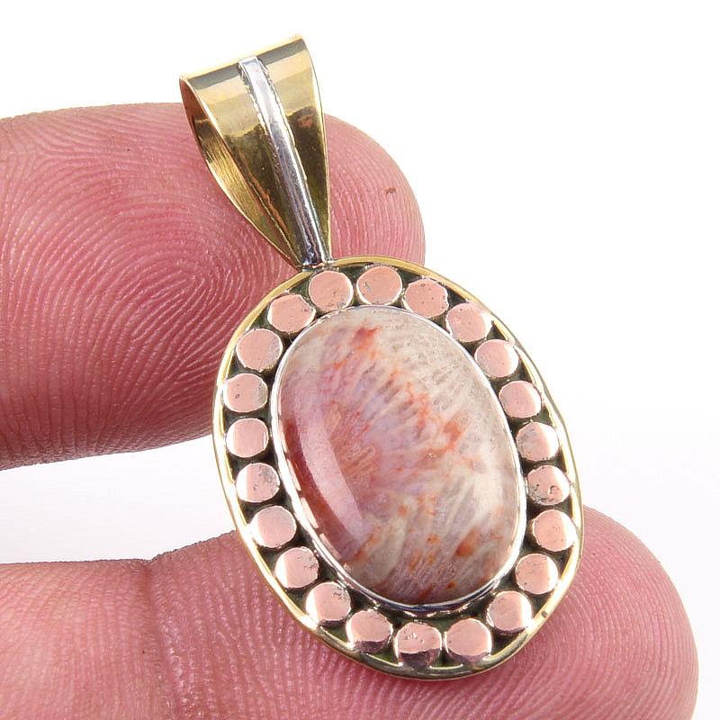 

Natural Fossil Coral 925 Solid Sterling Silver TwoTone Gift Pendant 1.25 O2V29