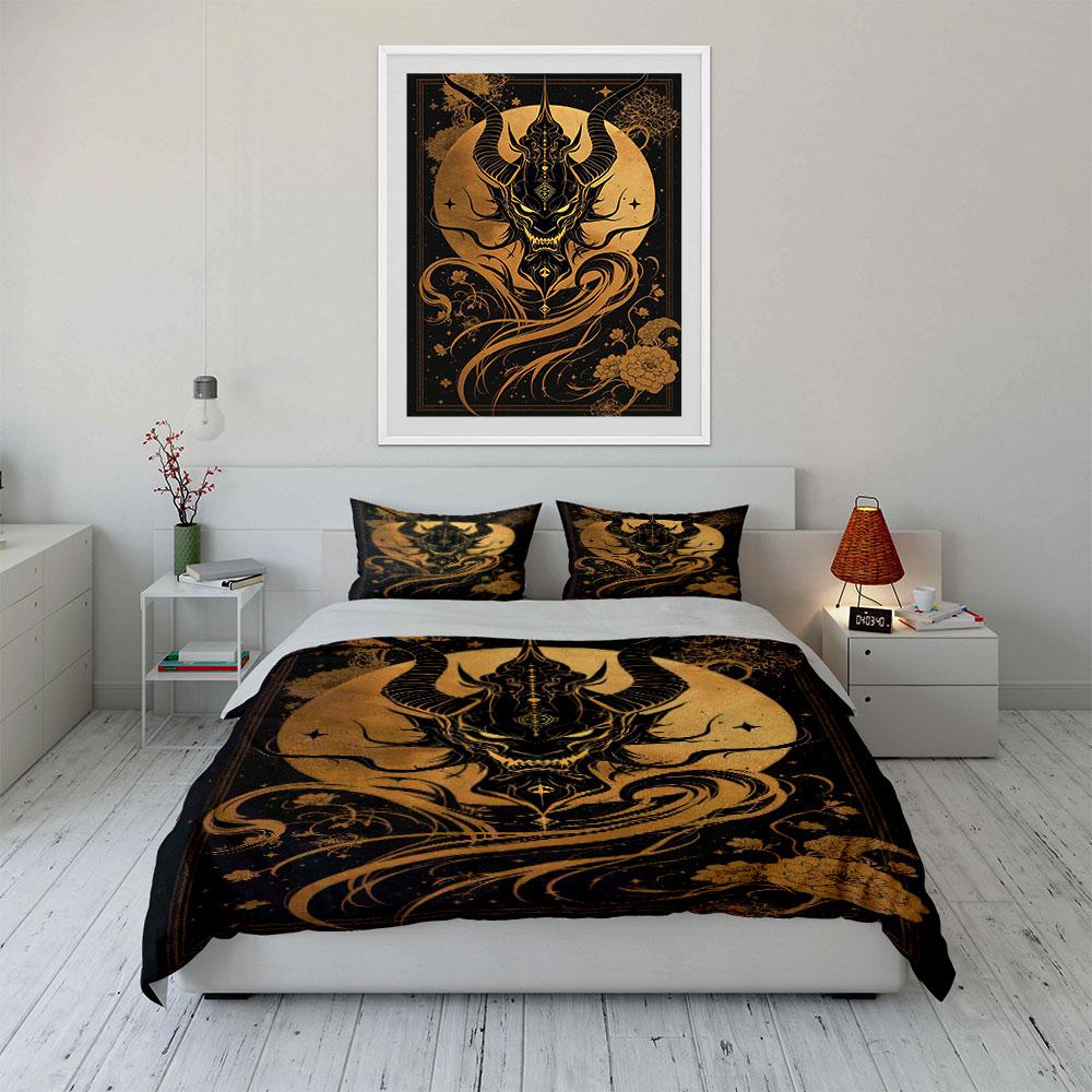 Golden horned demon face. Bedding sets Duvet cover sets Duvet covers Pillowcases(1 * Duvet Cover 2 * Pillowcases without duvet insert)