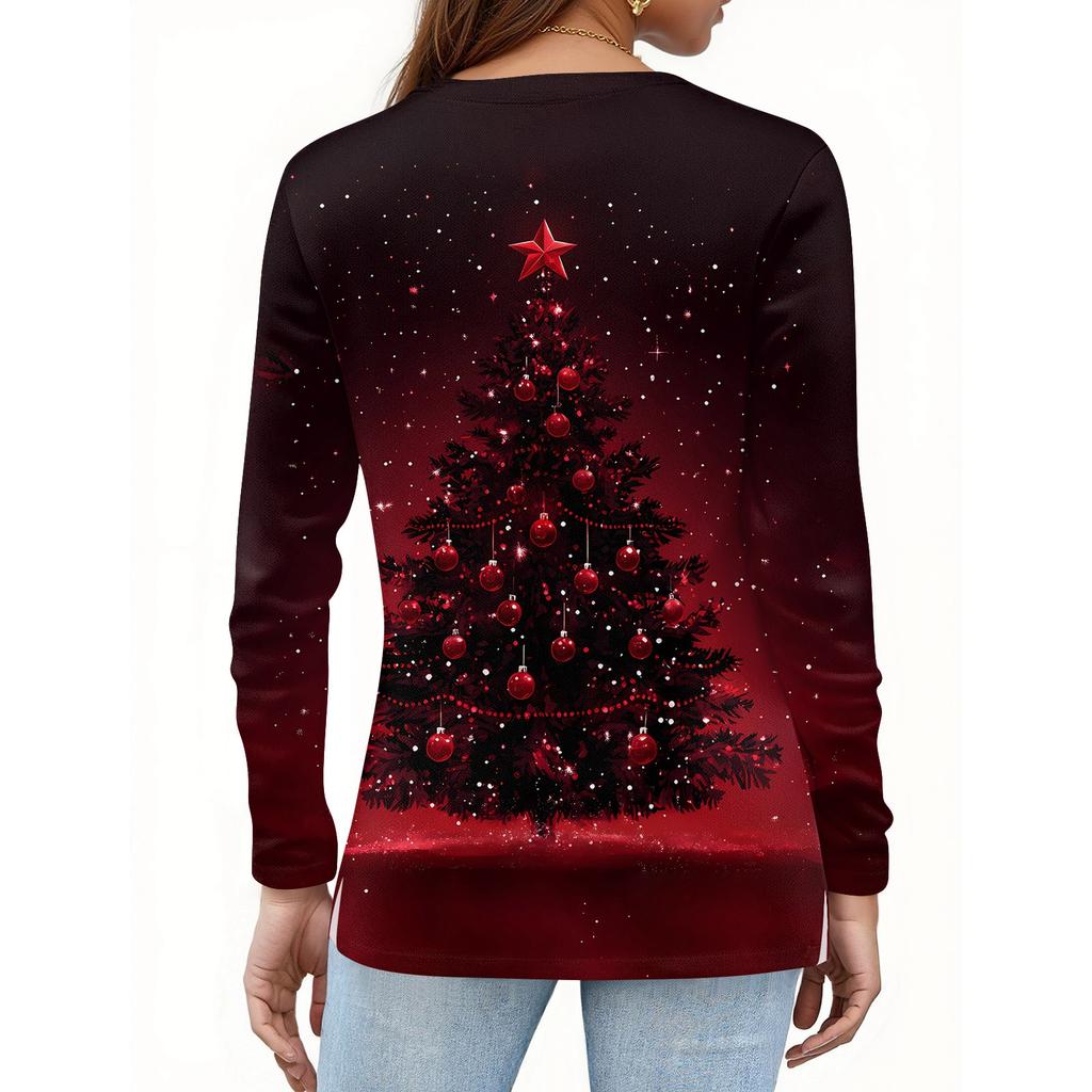 Damenmode Lässig Schlitzsaum Rundhals Langarm Locker Weihnachten Bedrucktes T-Shirt Damen Oberteil