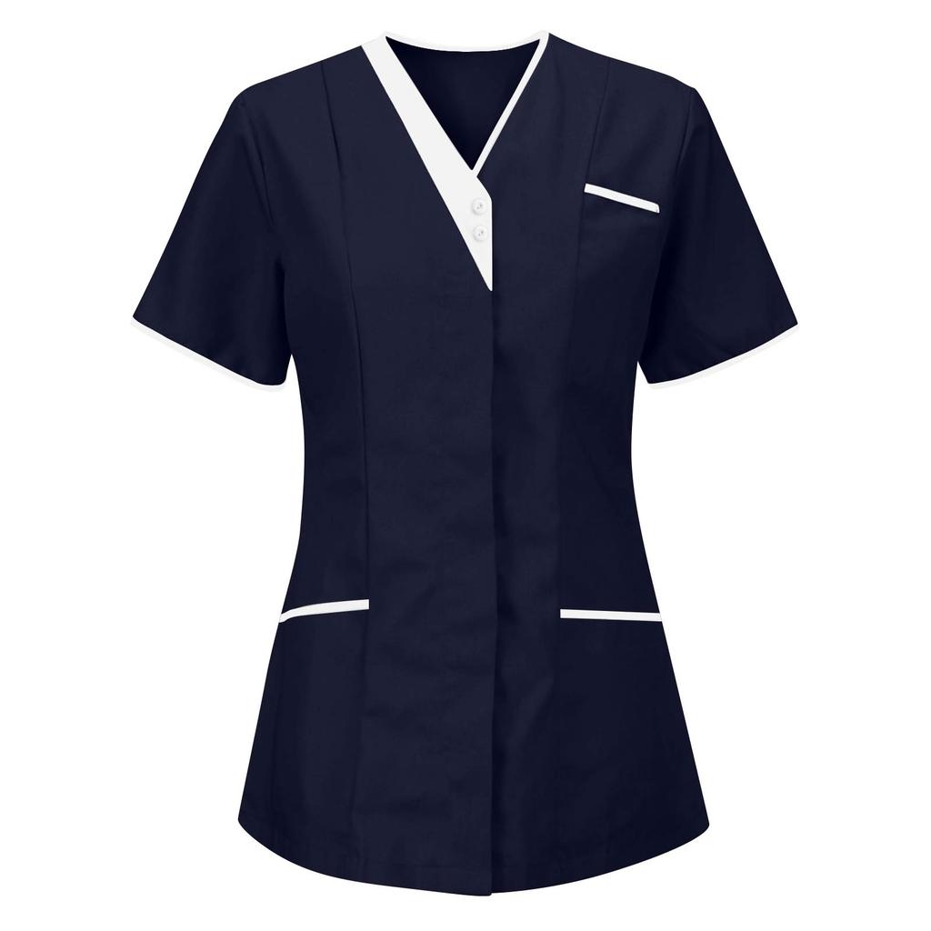 Tunic top da donna con scollo a V, maniche corte, bottoni sul davanti, tasche, finiture a contrasto, camicia uniforme da lavoro professionale