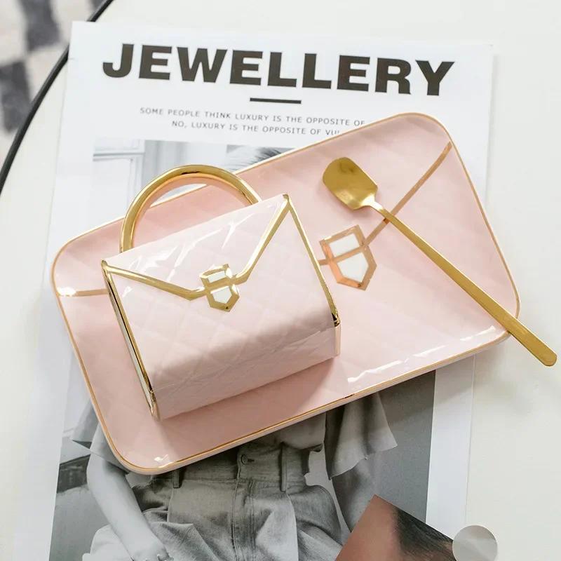 Bag Shaped Coffee Mug Luruxy Aesthetic Cup Ceramic Handbag Shape Tea Mug Saucer Set Dessert Afternoon Water Cup Drinkware Gift