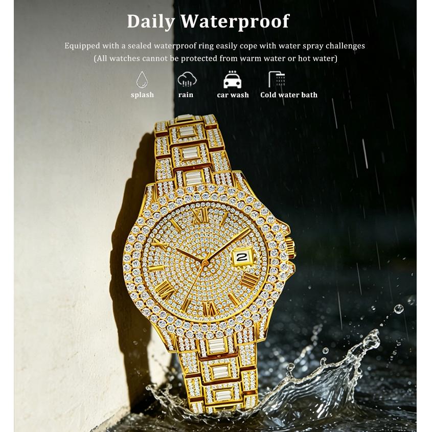 Men Luxury Full Diamond Quartz Watch Roman Numeral Date Display Iced Out Hip Hop Wrist Watch Waterproof
