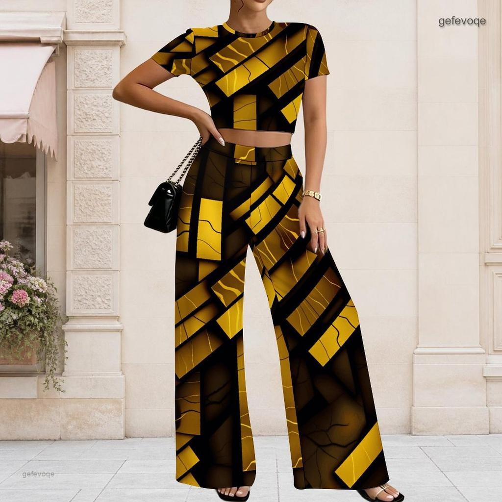 Women Plus Size Yellow Black Printed Round Neck Short Sleeve Crop Top Wide Leg Pants Two Piece Set