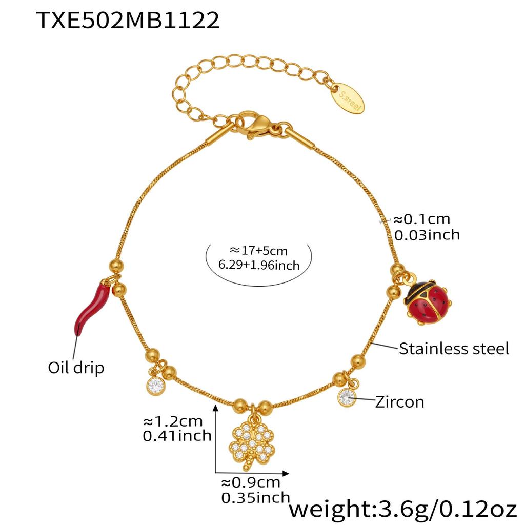 Pulseira com Pingente de Trevo em Aço Inoxidável Banhado a Ouro 18K com Zircônia, Corrente Cobra e Contas
