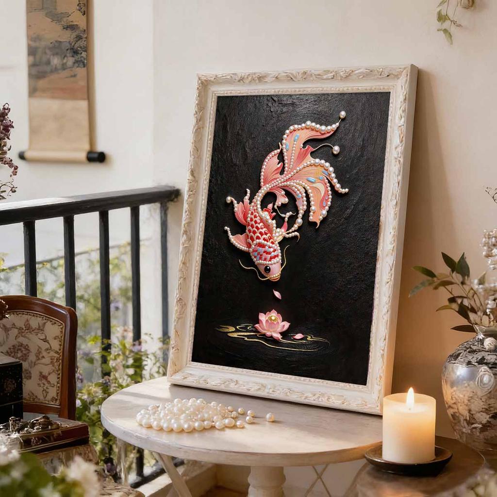 Pearl DIY Koi Fish and Lotus Flowers Art Kits 15.7x19.6inch Gem Art Pearl Painting Kits Without Frame for Adults Gift Idea Home Wall Decor