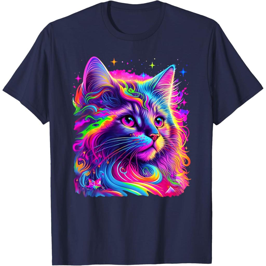 T-shirt Grafica Ritratto Gatto Psichedelico al Neon Girocollo Traspirante in Cotone da Uomo