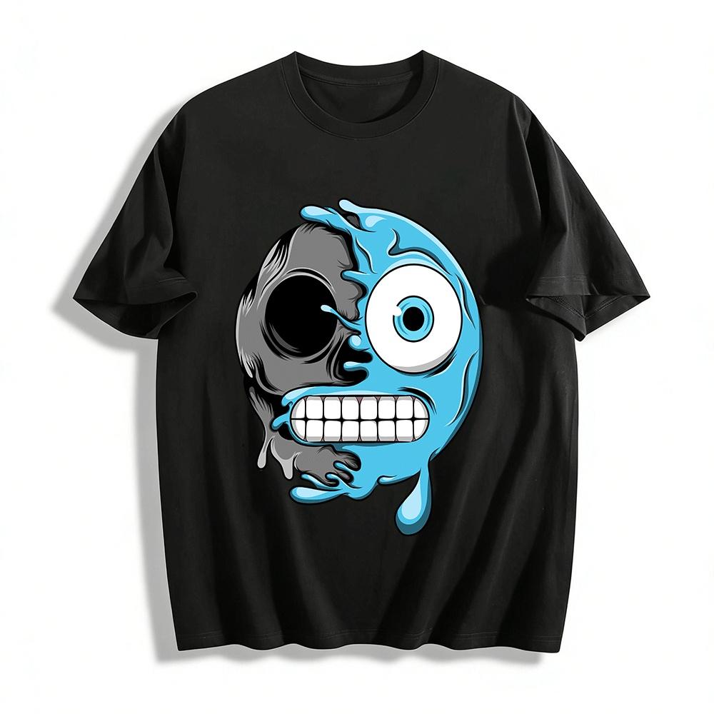 Melting Half Skull Emoji Print Cool Trendy Casual Short Sleeve T-Shirt Pure cotton T-shirt XXS