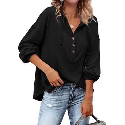 Women Button Splice Decorative Hooded Sweatshirt Autumn Winter Comfortable Commuter Casual Hoodie Female Solid Color Loose Tops