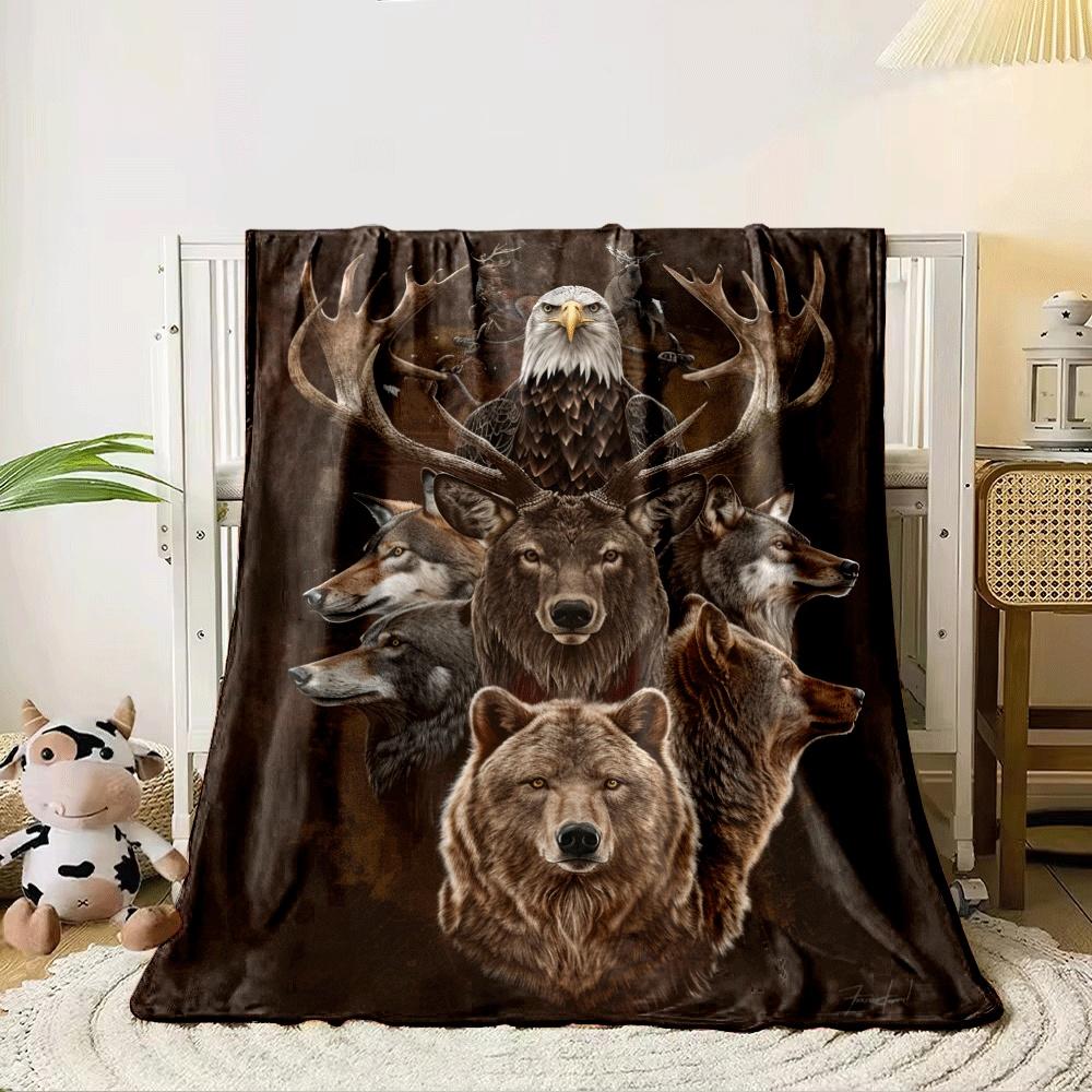 Centered wildlife animals with an eagle, deer antlers, wolves, and a bear. for all seasons blanket lunch break throw gift 80cm x 120cm