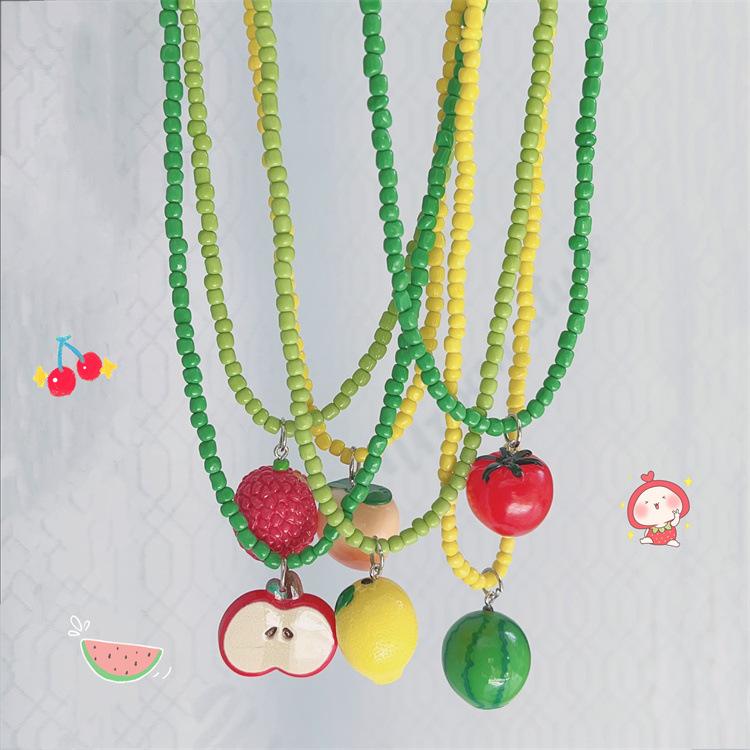 Trend Jewelry Dopamine Colored Apple Strawberry Lemon Fruits Pendant Bead Necklace for Women Y2K Cute Choker Party Necklace