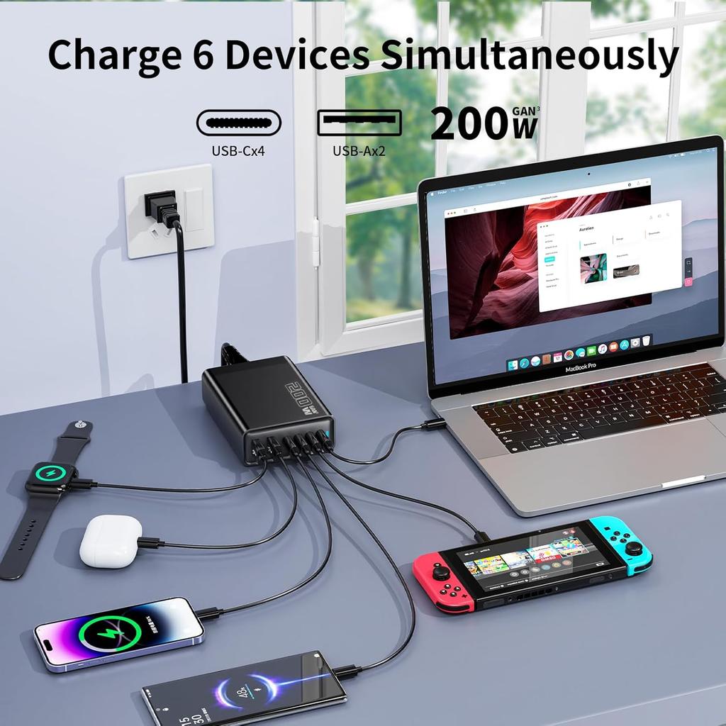 200W GaN Desktop Charger 3C+3A 6 Port Output 100W Single Type-C Port Charging Station for Phones Tablets