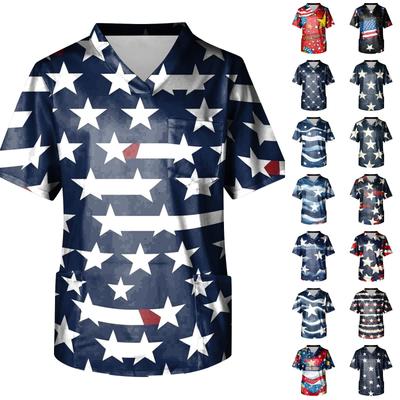 Men's V Neck Scrub Top with Front Pocket Independence Day Print Comfortable Fit Medical Nursing Work Shirt