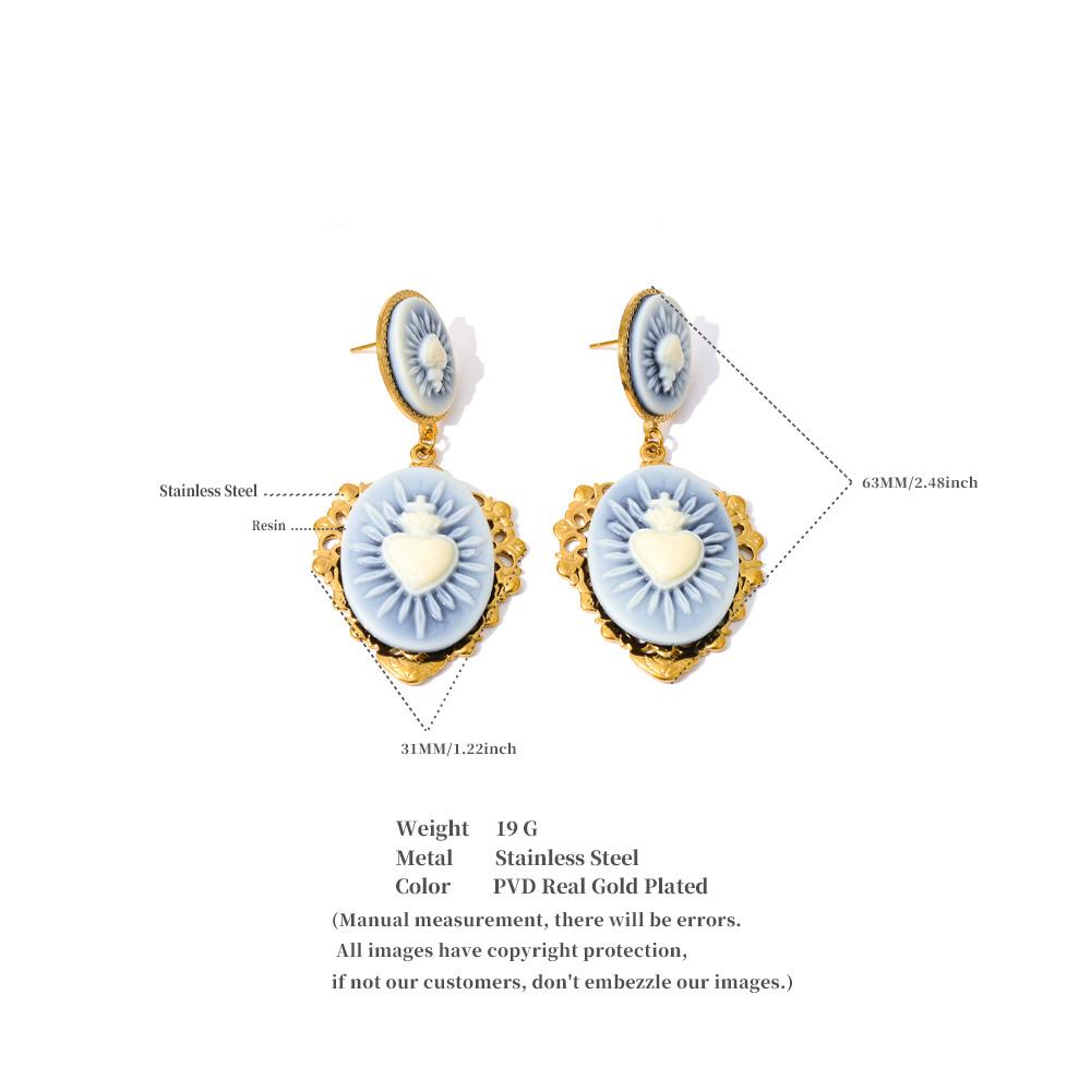 Eetit French Style Resin Heart Flower Drop Dangle Palace Earrings for Women Stainless Steel Fashion Vintage Jewelry Waterproof