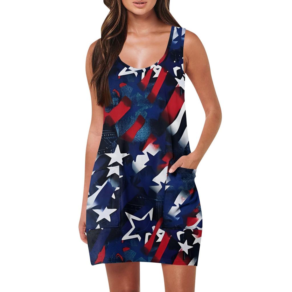 Damen Sommer Freizeitmode Ärmelloses Tanktop Tasche Strand Unabhängigkeitstag Bedruckte Kleider