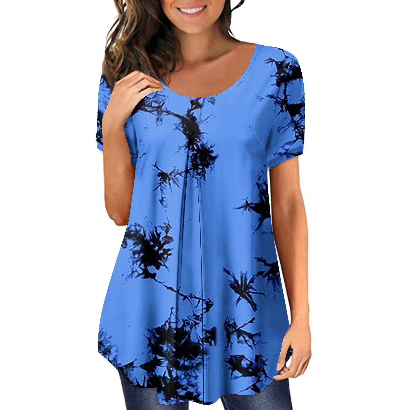 

Женская модная повседневная футболка с коротким рукавом и воротником на пуговицах с принтом, топ XXXXL синий