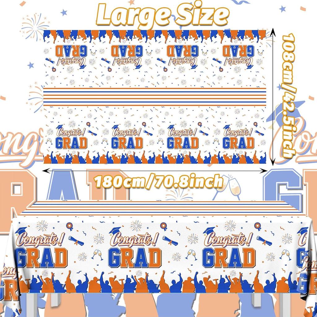 CMUSKO Graduation Tablecloth, 3Pcs Orange and Blue Graduation Decorations Rectangular Tablecloth, Congrats Grad Table Cover Decorations for Class of