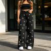Girl's Bow Cherry Print Baggy Jeans, Wide Leg Mid Waisted Denim Pants, Zipper Fly Elastic Casual Jeans Streetwear with Pockets