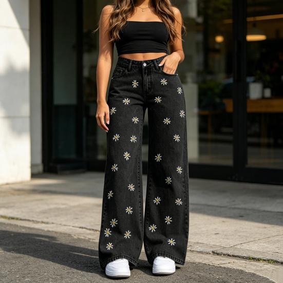 Girl's Bow Cherry Print Baggy Jeans, Wide Leg Mid Waisted Denim Pants, Zipper Fly Elastic Casual Jeans Streetwear with Pockets