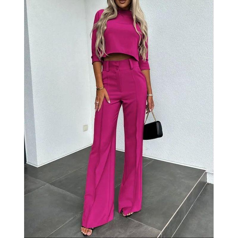 Crop Cropped Top Wide-Leg Pant Suit Crop-Top Short Top Loose Pants Two-piece Set
