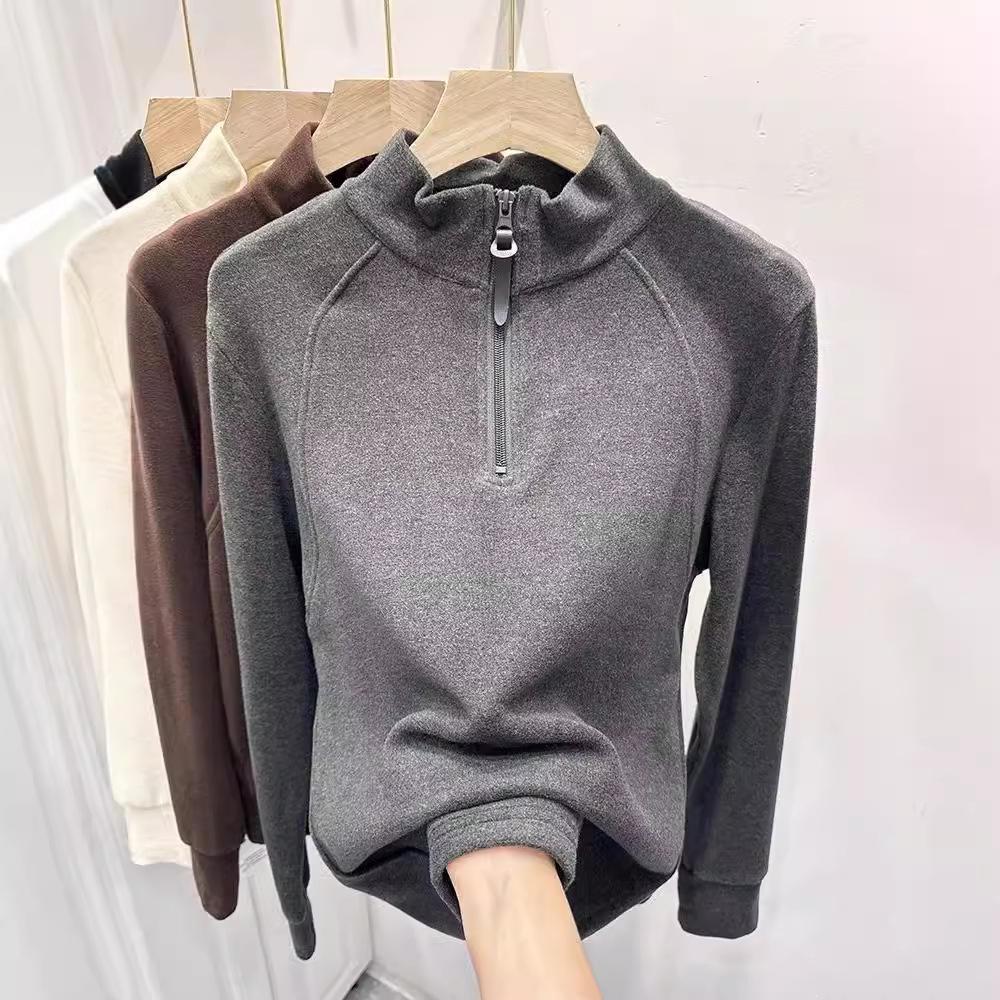 Korean Style Fleece Zipper Top - Slimming Half-High Collar, Long-Sleeve, Solid Color (2024 Autumn/Winter)