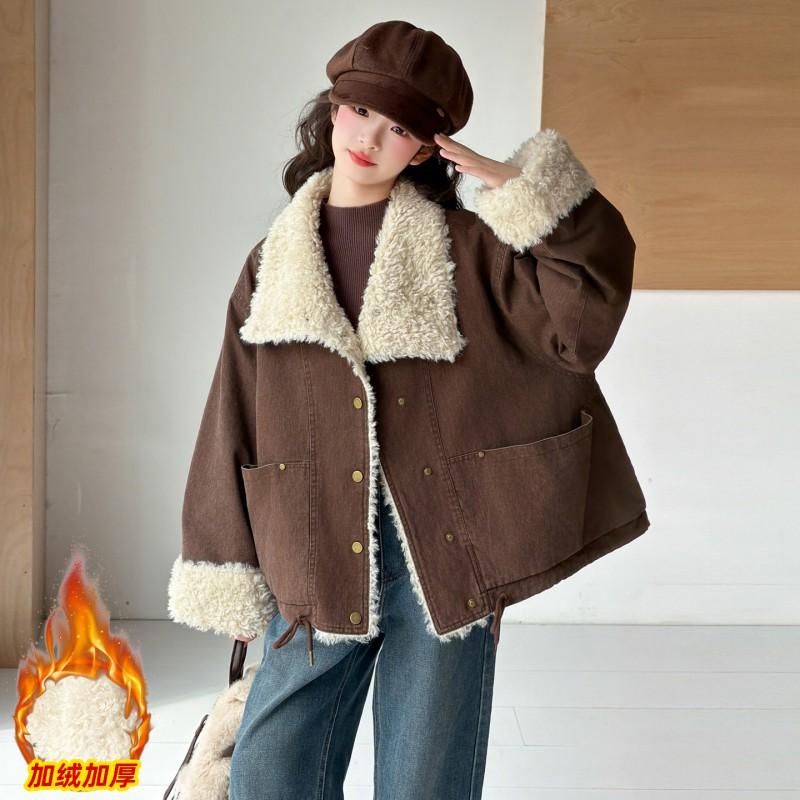 Girls Winter Padded Coat Kids Warm Fleece Lined Jacket Turn Down Collar Outerwear