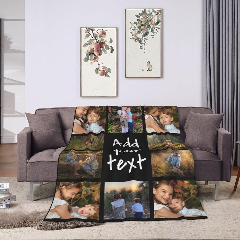 Custom Blanket Personalized Blanket with Photos Text Customized Picture Blanket for Adult Dad, Mom, Kids, Dogs, Friends, Birthday Christmas Halloween